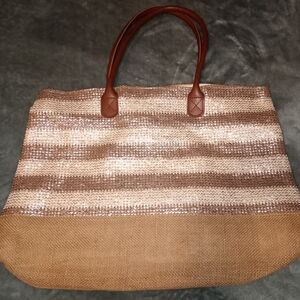 Woven Stripe Tote Bag with Leather Handles - Brown & Beige